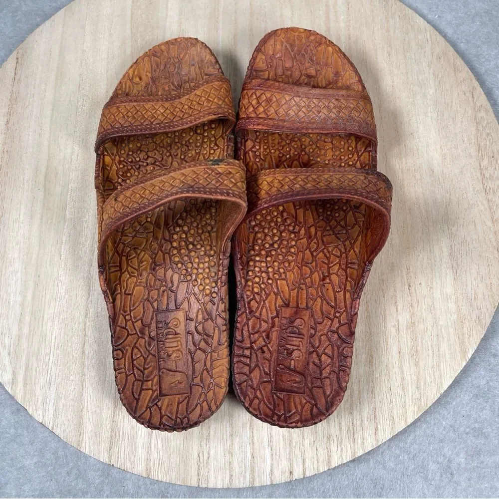 Hawaii J Slips Sandals Brown Tiki Textured Unisex Slip Ons Mens 6.5 Womens 8